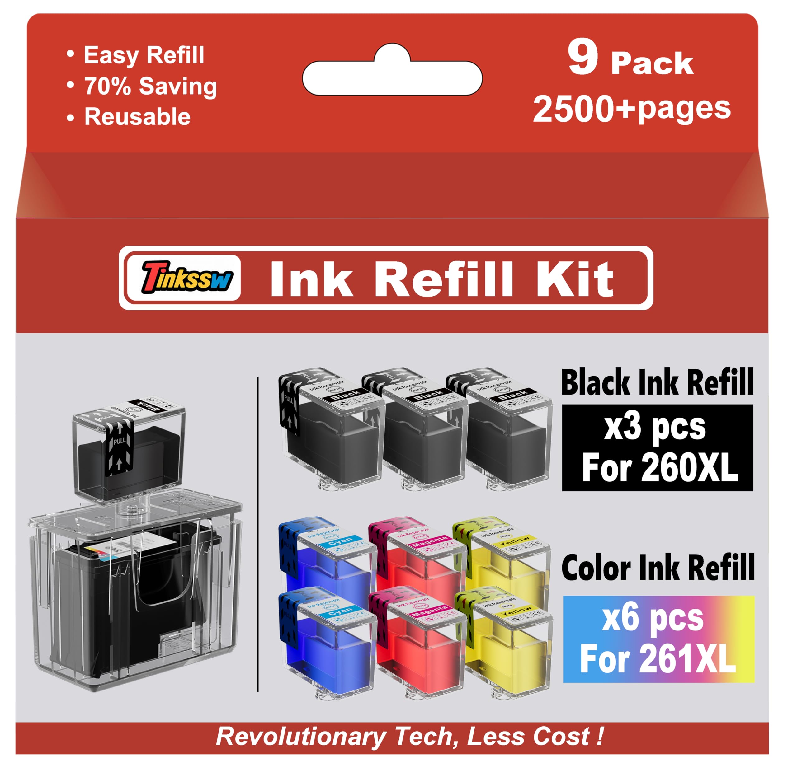 Photo 1 of 260XL 261XL High Capacity Ink Refill for Canon 260 and 261 Ink PG-260 CL-261 Compatible with Pixma TS6420a TS6420 TS6400 TR7020a TS5320 TR7000 TR7020 Printer (3 Black 2 Cyan 2 Magenta 2 Yellow)
