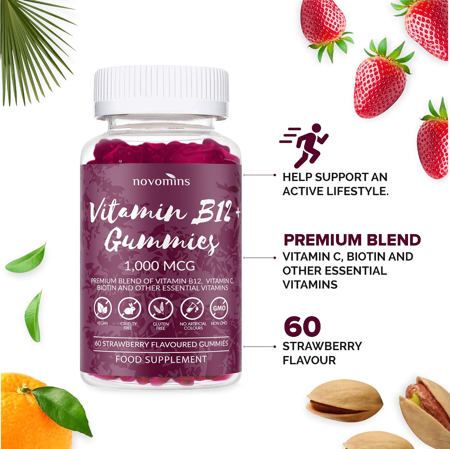 Vitamin B12 Gummies, 1000 mcg High Strength B12 Gummies, Enriched with Vitamin C, B1, B2, B6, & Biotin, 1 Month Supply - Image 5