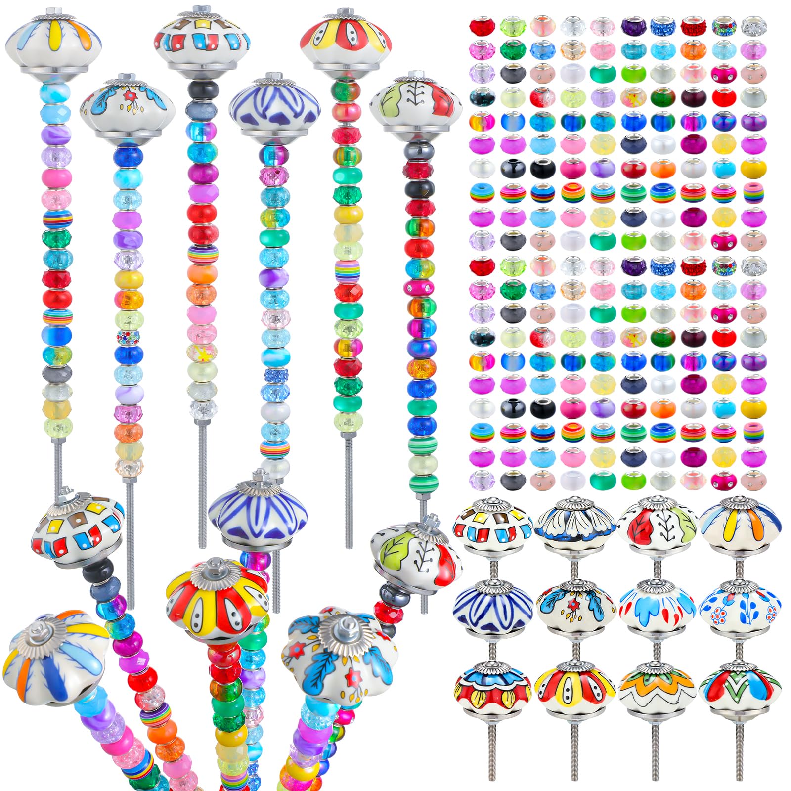 Photo 1 of Tigeen 236 Pcs Garden Stake DIY Fairy Wand Plant Stake with 12 Colorful Crystal Stopper Top 12 Threaded Rod with 200 Large Hole Bead for Spring Summer Holiday Outdoor Decorations(Mushroom and Pumpkin)