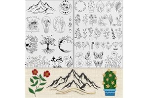 SUNVERSE 48 Pcs Water Soluble Stabilizer for Embroidery Stick and Stitch,Floral Embroidery Pattern Transfers with Printed Foral,Leaves,Mountain,Mushroom,Butterfly,Tree,Skull