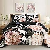 Drucon Floral Quilt Queen Size - 3 Pieces Black Quilt Botanical Bedspread Soft Lightweight Flower Bedding Set for All Season (96"x90")