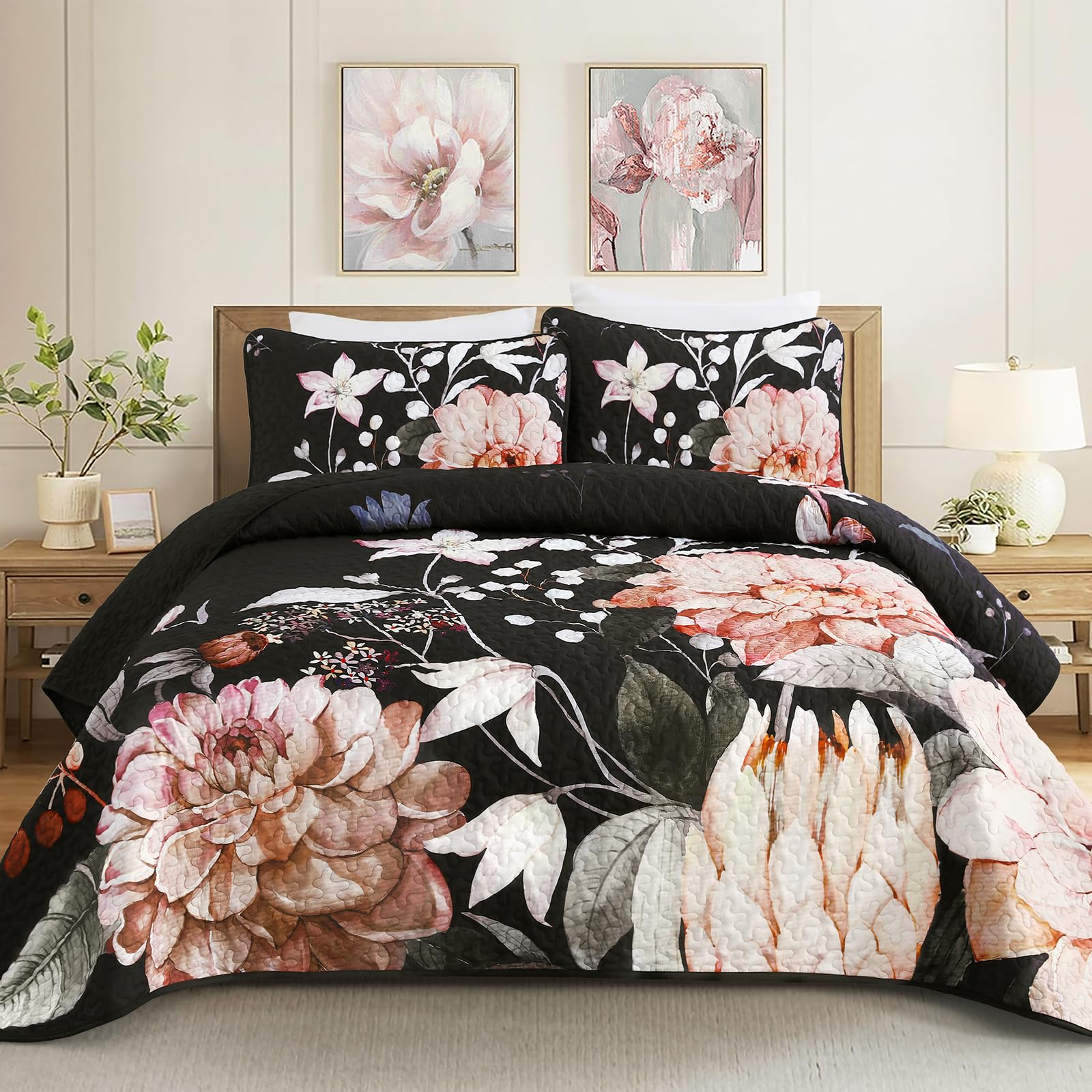 Drucon Floral Quilt Queen Size - 3 Pieces Black Quilt Botanical Bedspread Soft Lightweight Flower Bedding Set for All Season (96"x90") Image