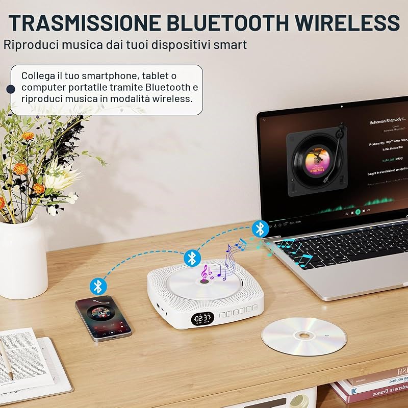 Lettore CD portatile WDV04 per casa e outdoor, Bluetooth con altoparlanti, batteria ricaricabile 4000 mAh, radio FM, USB, telecomando, montaggio a parete e supporto da tavolo
