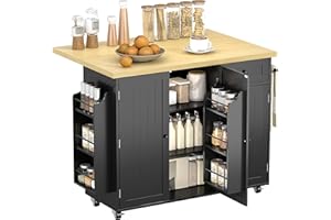 HOMCOM Kitchen Island, 49" Rolling Kitchen Cart on Wheels with Drop Leaf, Farmhouse Island Table with Pantry Cabinet, Drawer,