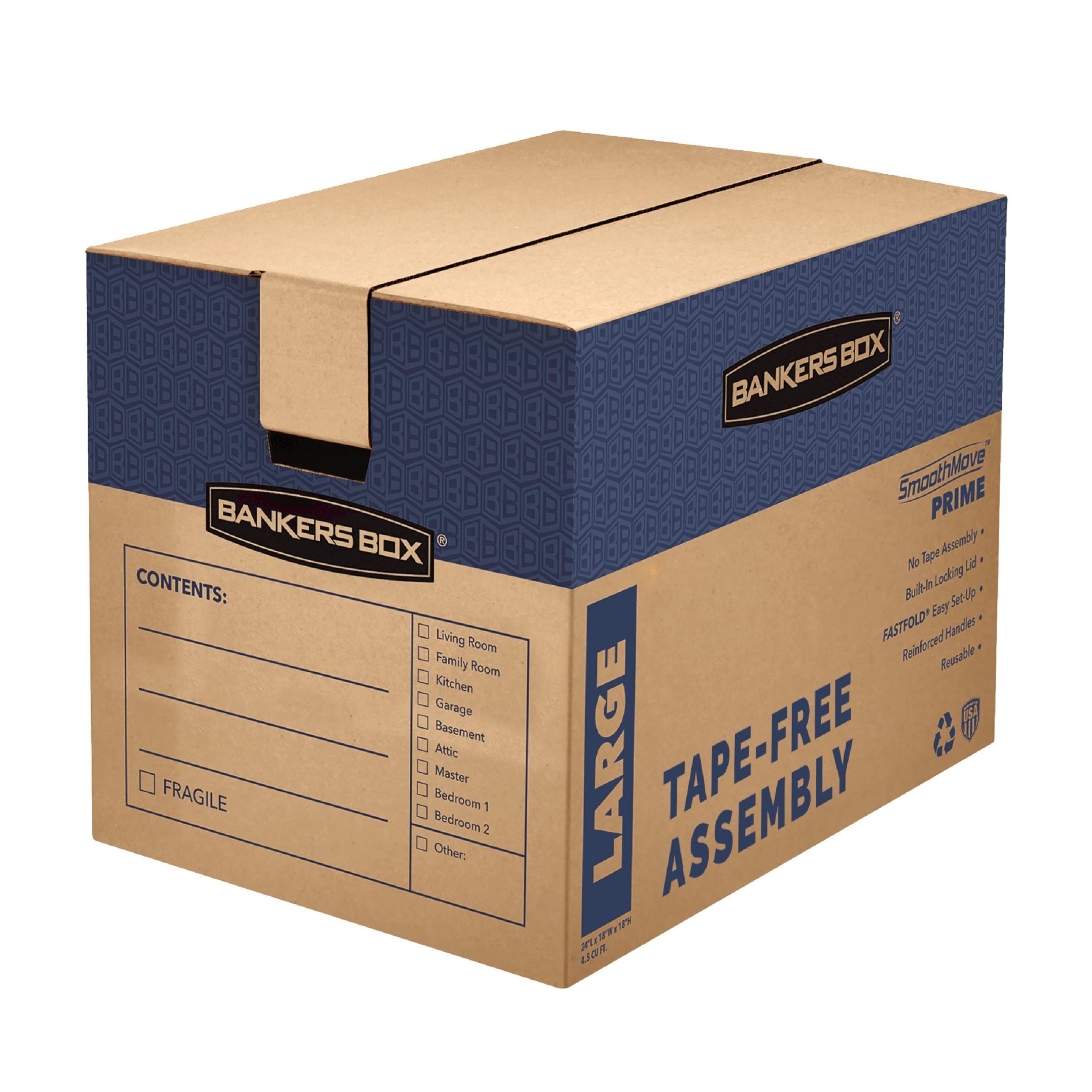 Photo 1 of Bankers Box Large Prime Moving Box 6 Pack, Reinforced Handles, Tape-Free Assembly, Attached Lid, 18-in x 18-in x 24-in (0062904)