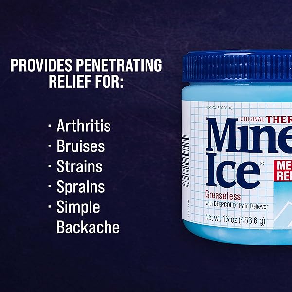 MINERAL ICE – ORIGINAL THERAPEUTIC MENTHOL PAIN RELIEF GEL. GREASELESS WITH “DEEPCOLD” PAIN RELIEVER. PROVIDES COOLING & PENETRATING RELIEF FOR ARTHRITIS, SIMPLE BACKACHE, STRAINS & SPRAINS (16 OUNCE)