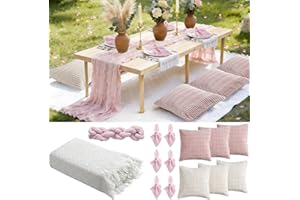 91x 71 Extra Large Outdoor Boho Picnic Blanket with 6 Throw Pillow Covers, Pink White Table Runner, 6 Napkins, 6 Napkin Rings