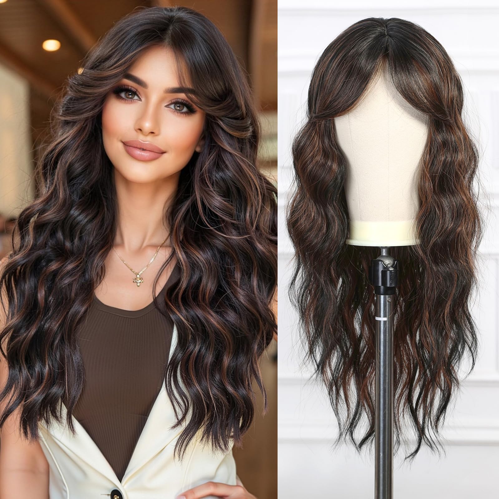 Esmee Long Wave Mixed Brown Wig for Women with Curtain Bangs Natural Synthetic Hair Wigs for Daily Party Use