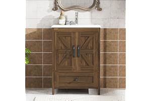 YOCONYO 24 inch Bathroom Vanity with Ceramic Sink, Wood Vanity with Hidden Storage Space, Bathroom Sink and Cabinet Combo Set, Vanity Sinks for Bathrooms (Modern Brown, 24 inch)