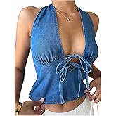 Floerns Women's Going Out Party Date Night Tie Front Denim Halter Crop Top Backless Sleeveless Y2k Jean Tops
