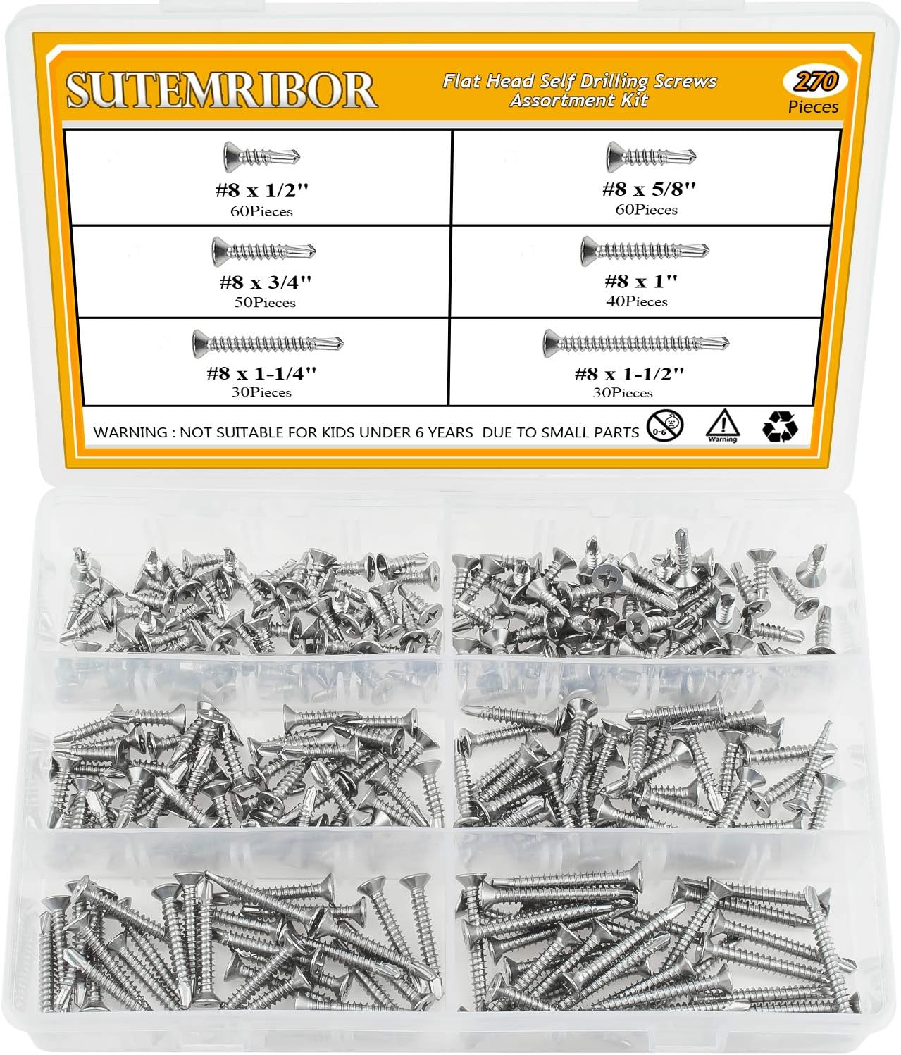 Sutemribor 270 Pieces 410 Stainless Steel Self Drilling Screws Set (#8 Flat Head)