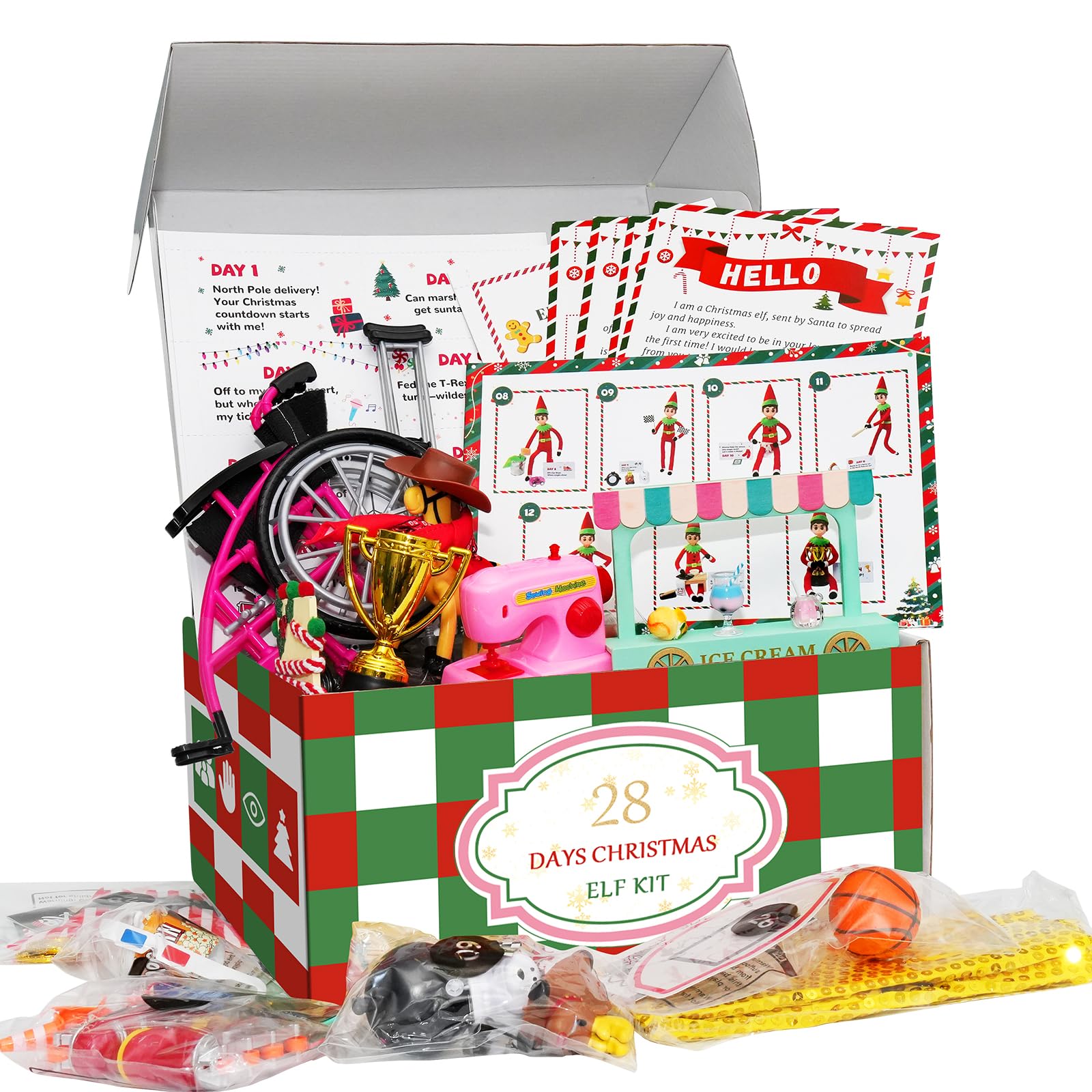 XENHTAAI 2025 New Elf Kit 28 Days of Christmas Elf Kit - Christmas Elf Adventure Kit 2025 Magical Daily Scenes Props Countdown to Christmas Elf Kit 28 Day Elf Decorations Excursion Box