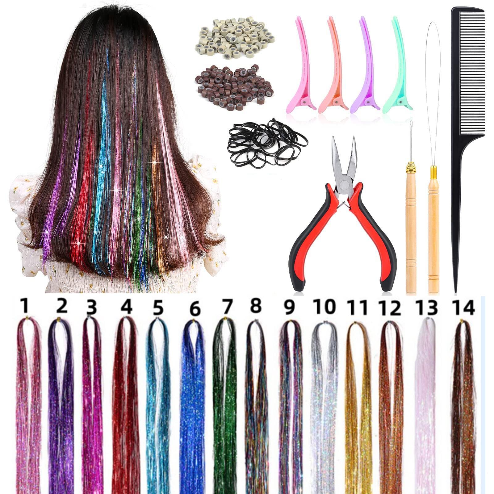 14 Color Hair Tinsel Extensions, 47 Inch Glitter Hair Extension Fairy Hair Tinsel Strands Kit, Holographic Dazzle Colour Straight Hair Extensions for Women Girls Party Cosplay, 2800 Strands