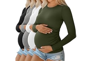 Ficerd 4 Pack Women's Maternity Shirts Cotton Long Sleeve Ribbed Crew Neck Pregnancy Tops Side Ruched Casual Mama Clothes