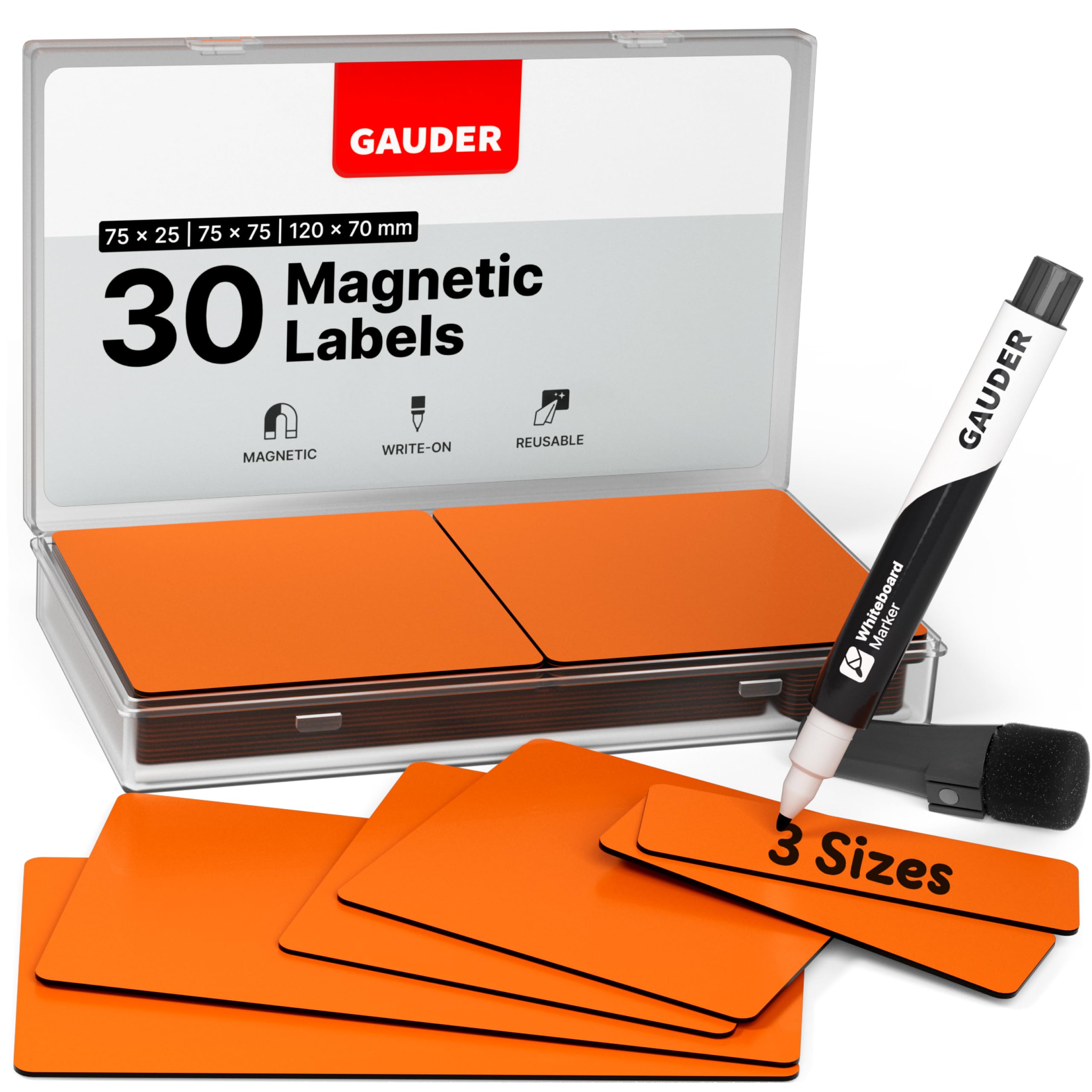 GAUDER Magnetic Labels Writable - Reusable Magnetic Tags for Whiteboard, Blackboard, Kanban Board and Fridge - Magnet Cards with Marker (30 Pieces - 3 Sizes)