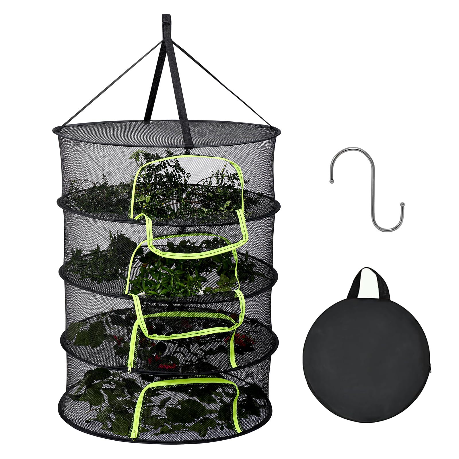 LUKETURE 4-Layer Hanging Herb Dryer Rack - with U-Zipper Mesh Net & Hook, Foldable Collapsible Drying Rack for Plants, Herbs, Flowers, Fish, Jerky, Laundry