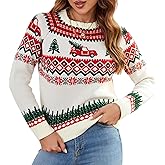 ZAFUL Women's Christmas Cedar Snowflake Trucks Patterns Knitted Sweater Long Sleeve Floral Printed Pullover Tops