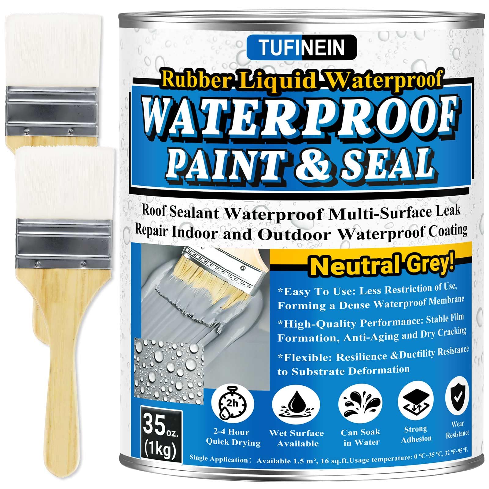 Photo 1 of Rubber Liquid Waterproof Sealant, TUFINEIN Neutral Gray Quick Drying Waterproof Paint Indoor & Outdoor Multi-Surface Leak Repair Basement, Pool, Roof Leak Sealant (Neutral Gray, 35 oz)