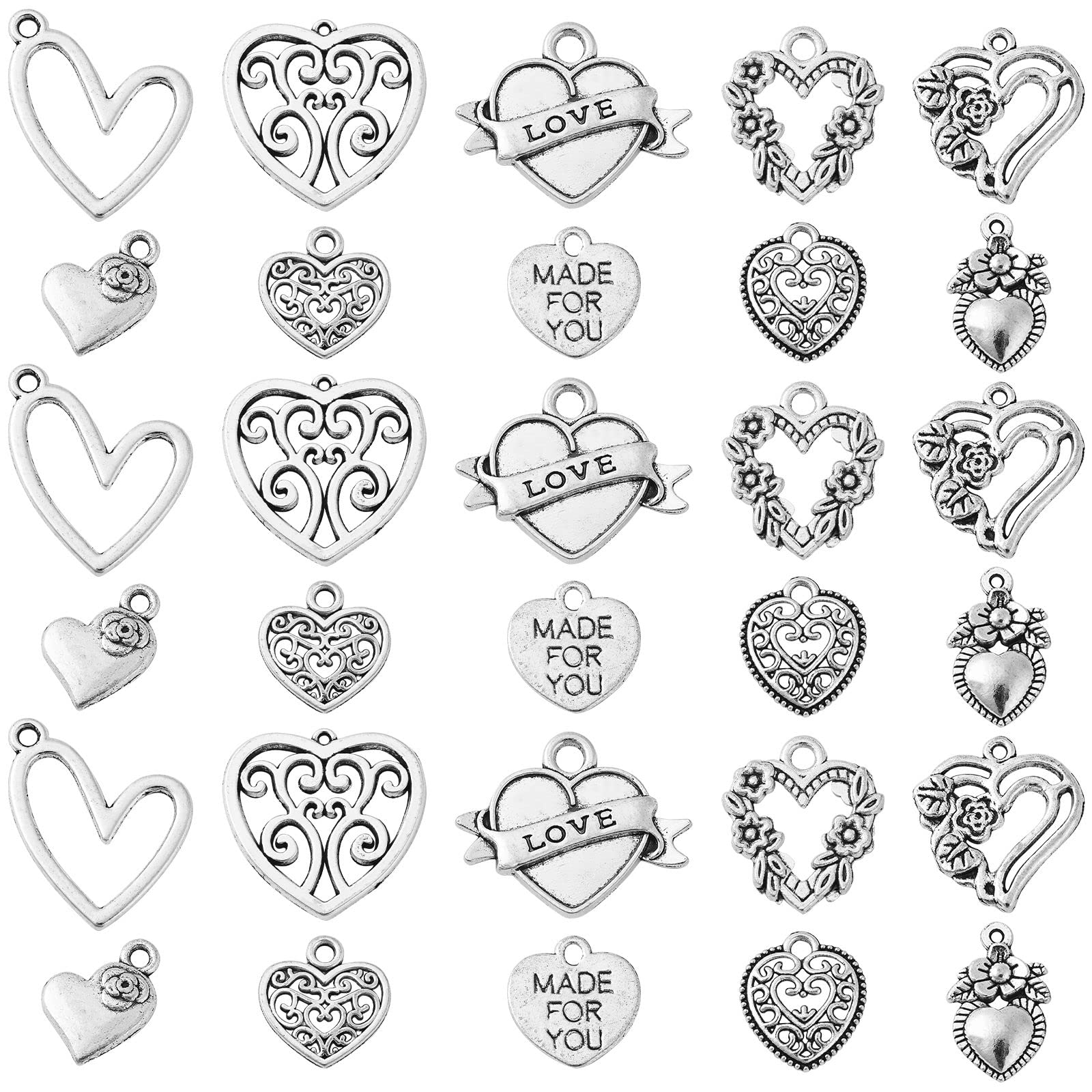 Stiesy 100Pcs 10 Styles Antique Style Heart Charms Tibetan Silver Sweet Heart Dangle Charms for DIY Crafts Jewelry Making
