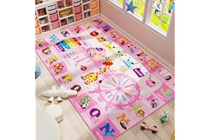 B BENRON Kids Rug 5x7 Pink Rugs for Girls Bedroom Playroom Child Play Mat Educational and Fun Baby Care Rugs,Learning Rug with ABC Alphabets Animals Shapes No-Slip Carpets for Children Toddler Washable