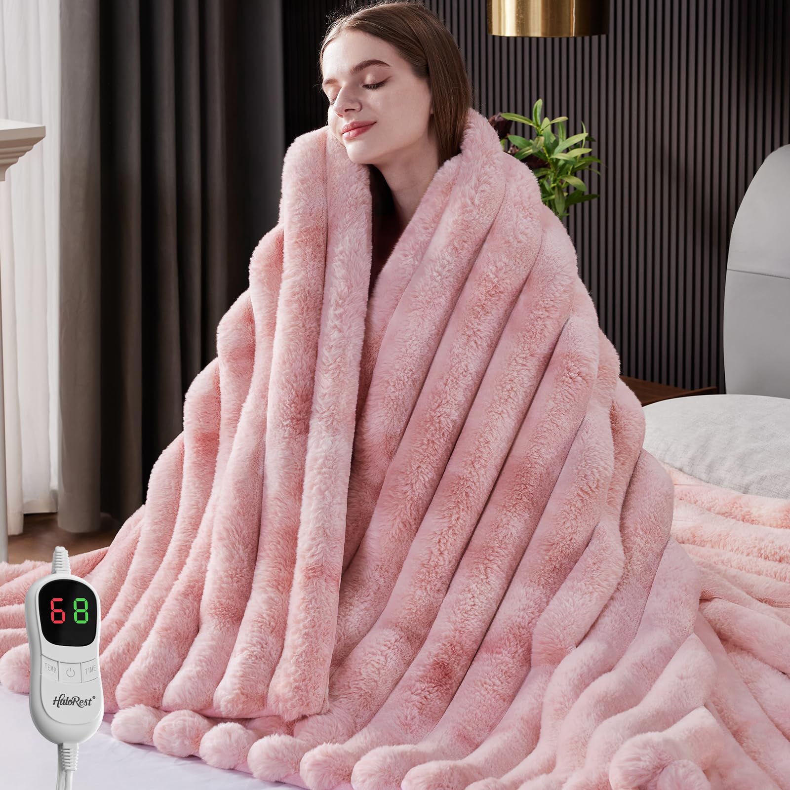 Photo 1 of HaloRest Heated Throw Blanket, Faux Fur Cozy Heating Blanket with Overheat Protection, 1/2/4/6/8 Hours Auto-Off 10 Heat Level, Machine Washable (72x84 I Inches, Tie-Dye Pink)