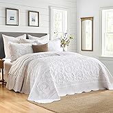 Finlonte 100% Cotton Oversized Bedspread Quilt Coverlet Set, 120"x102" Extra Large Queen Bedspreads with Pillow Shams, Lightweight Embossed Vintage Vine Quilted Bed Spread, White/Beige
