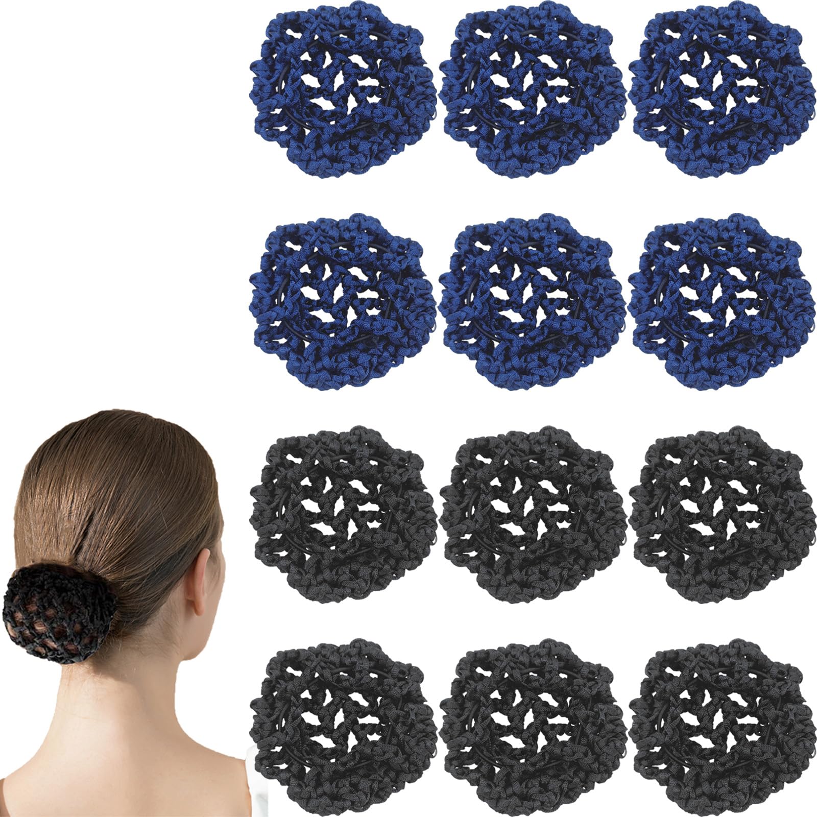 12Pcs Hair Net, Ballet Hair Bun Cover Bun Nets Elastic Hair Net Black & Blue Hair Bun Cover Hair Accessories for Women Girls