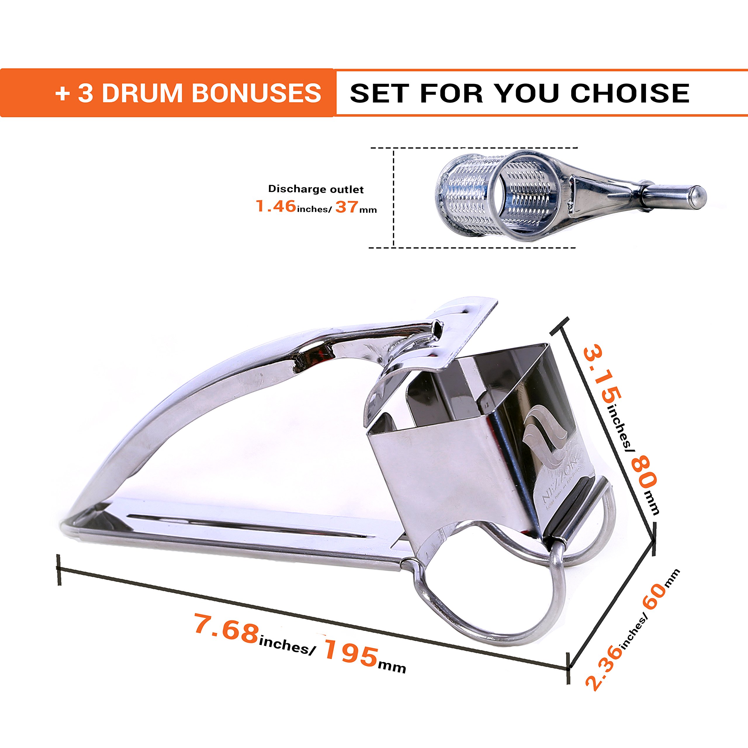 Rotary Cheese Grater Slicer Shredder with 3 Stainless Steel Drums for Soft and Hard Cheese, Chocolate, Nuts, Vegetables, Fruits. With a FREE 101 Tips and Techniques for Cooking Like a Chef E-book