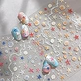 5D Beach Shell Nail Art Stickers Summer Nail Stickers Embossed Self-Adhesive Shiny Shell Starfish Nail Decals Ocean Theme Summer Nails Design Manicure Supplies for Women DIY Nail Decoration 2 Sheets