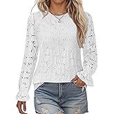 LOMON Lace Long Sleeve Tops for Women Fashion 2025 Eyelet Blouses Dressy Casual Crewneck Embroidered Shirts with Lining
