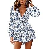 Relipop Womens Floral Print Romper V Neck Long Sleeve Double Layer Ruffle Hem Shorts Jumpsuit 2026 Beach Vacation Outfits