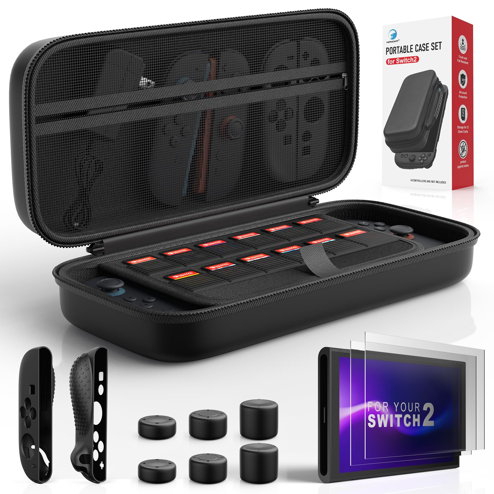 Photo 1 of Travel Carrying Case for Nintendo Switch 2, Switch 2 Accessories with Console Protection Bundle, 2x Tempered Glass Screen Protectors, 2x Joy-Con Controller Cases, 6x Anti-Slip Thumb Grip Caps, All-in-One Travel Kit
