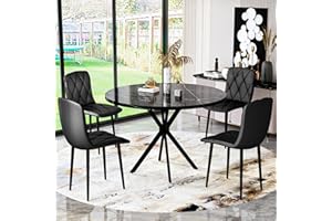 LTTROMAT Round Dining Table Set for 4, 39 Inch Circular Kitchen Table and Chair Set for 4 Person, 5-Pieces Dining Set with 4 Black PU Leather Chairs & Metal Frame for Small Space Home Kitchen