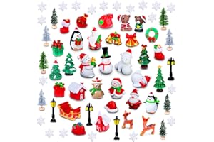 Sawysine 64 Pcs Christmas Miniatures Figurines Santa Xmas Garden Miniature Ornaments Kit Snowman Fairy Resin Ornaments Pine Tree for Garden Accessories(Vivid)