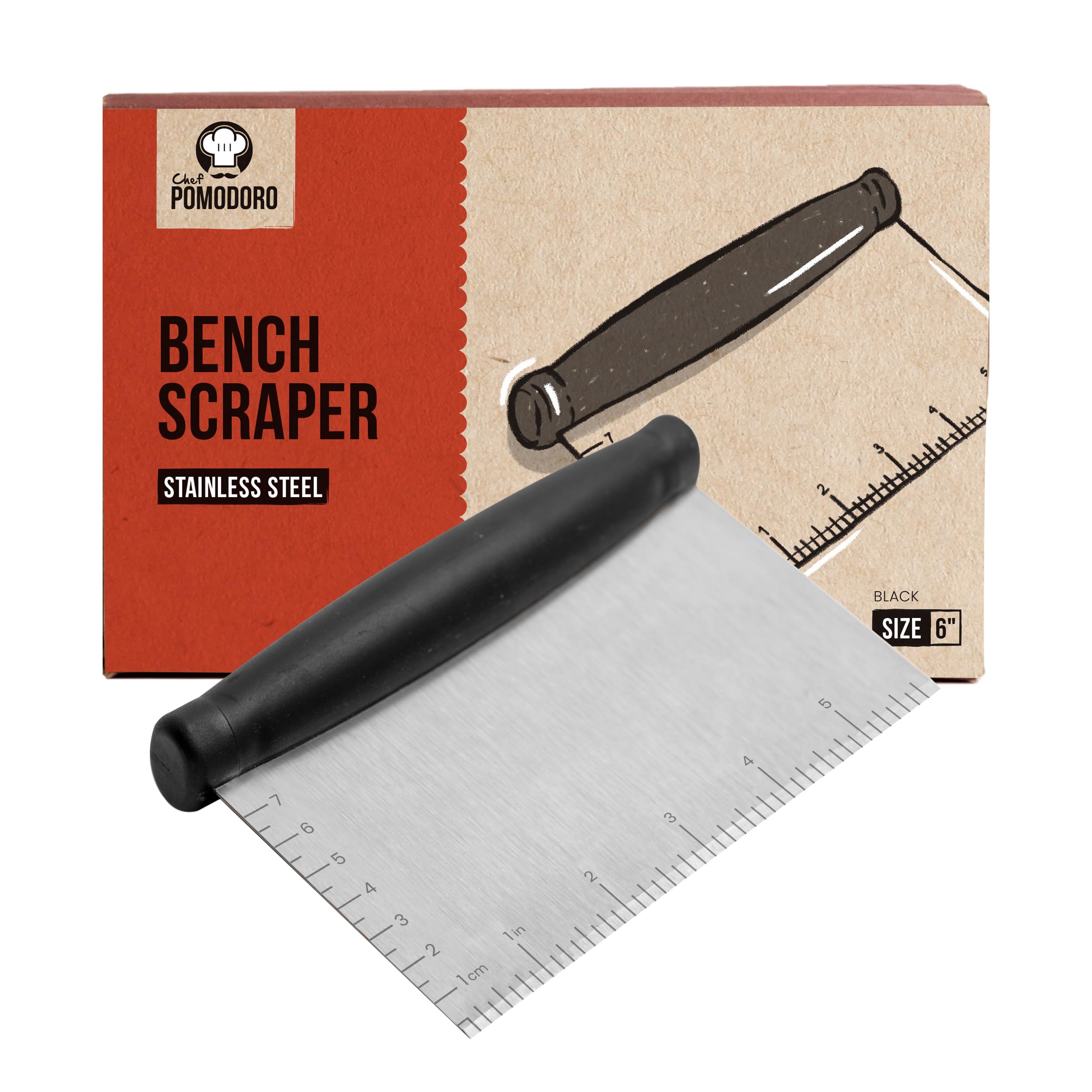 Chef Pomodoro Stainless Steel Bench Scraper 15 cm with Measurements, Contoured Grip Dough Scraper, Dough Cutter, Bread Cutter, Pastry Knife, Essential Kitchen Baking Tools for Cooking Food