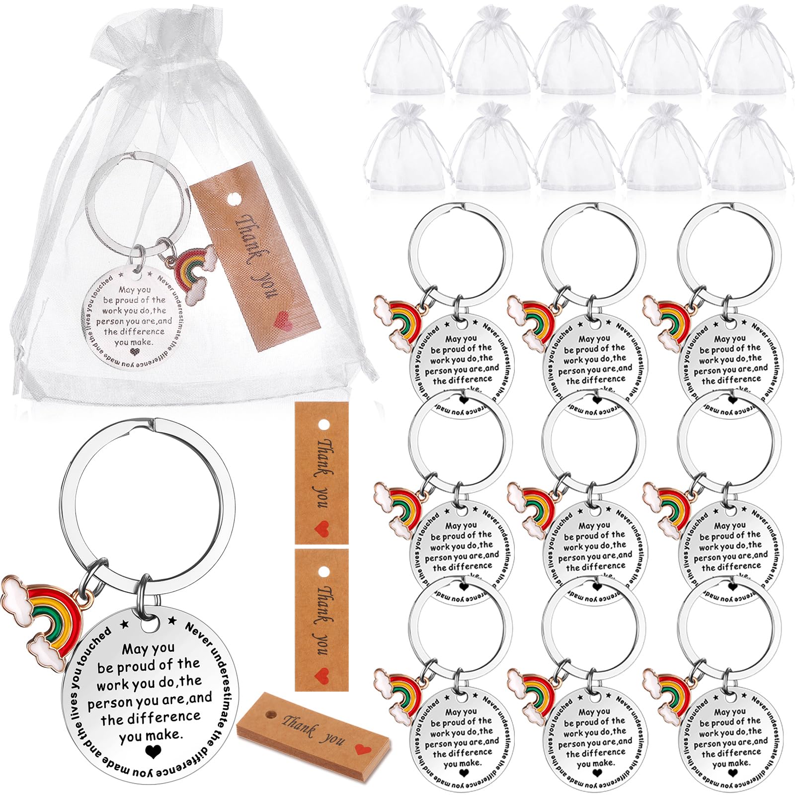 WWmily 30Pcs Thank You Keychain Gifts - Rainbow Inspirational Keychain, Cards, Organza Bags - Employee Appreciation Gift for Coworker