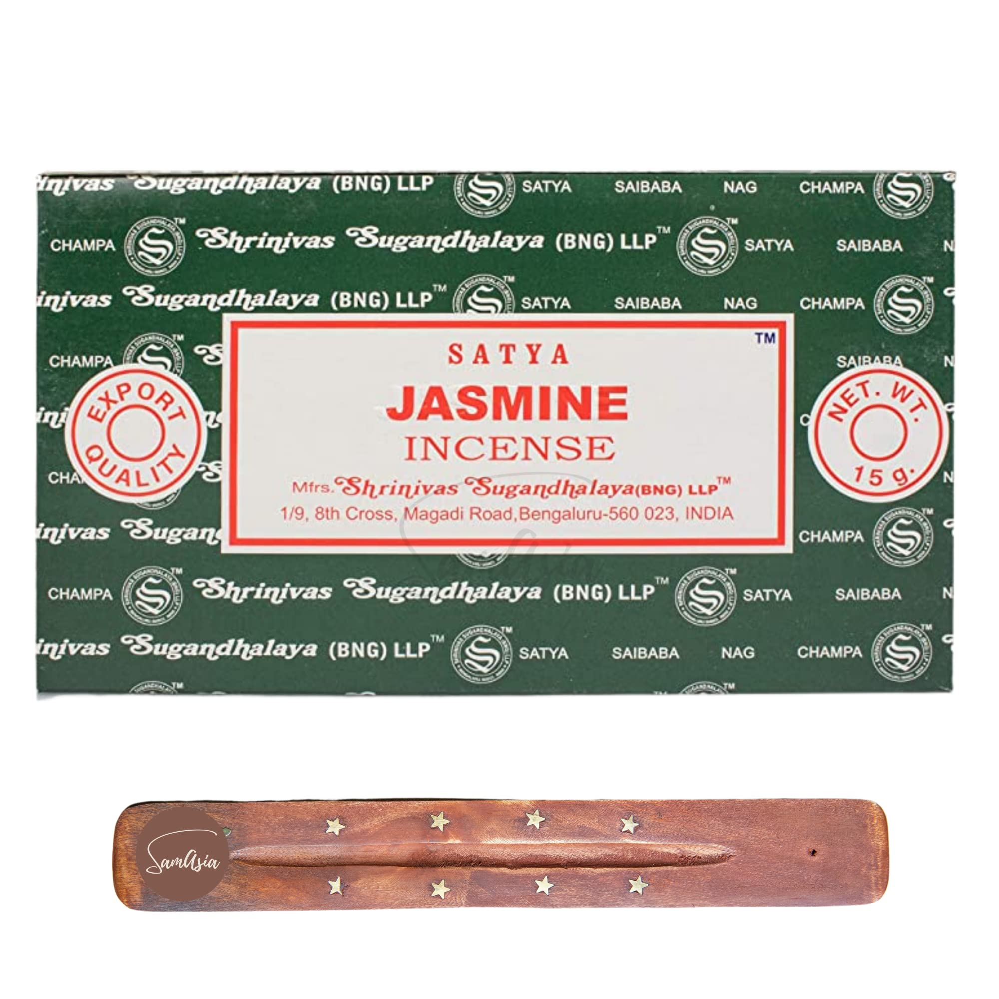 Satya Nag Champa Jasmine Incense Sticks | x12 pack | with SAMASIA incense sticks holder | Used for Jaomatherapy, Spa, Yoga, Weddings, Meditation, Healing, Positivity and Relaxation