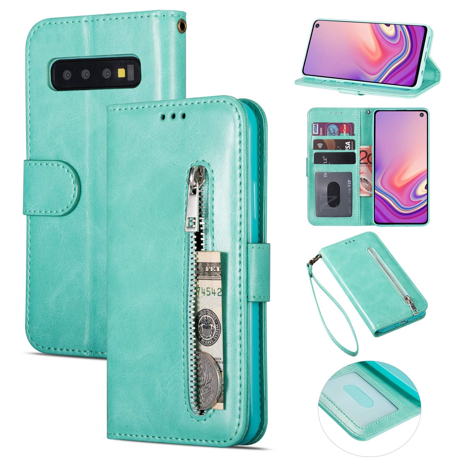 ZTOFERA Zipper Case For Samsung Galaxy S10,Magnetic Wallet Flip PU Leather With Wrist Strap Handbag Pocket Stand Inner TPU Case For Samsung Galaxy S10 -Mint Green