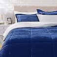 Amazon Basics 3 Piece Bedding Set, Micromink Sherpa, Ultra-Soft, Warm All Season Comforter, King, Navy Blue, Solid