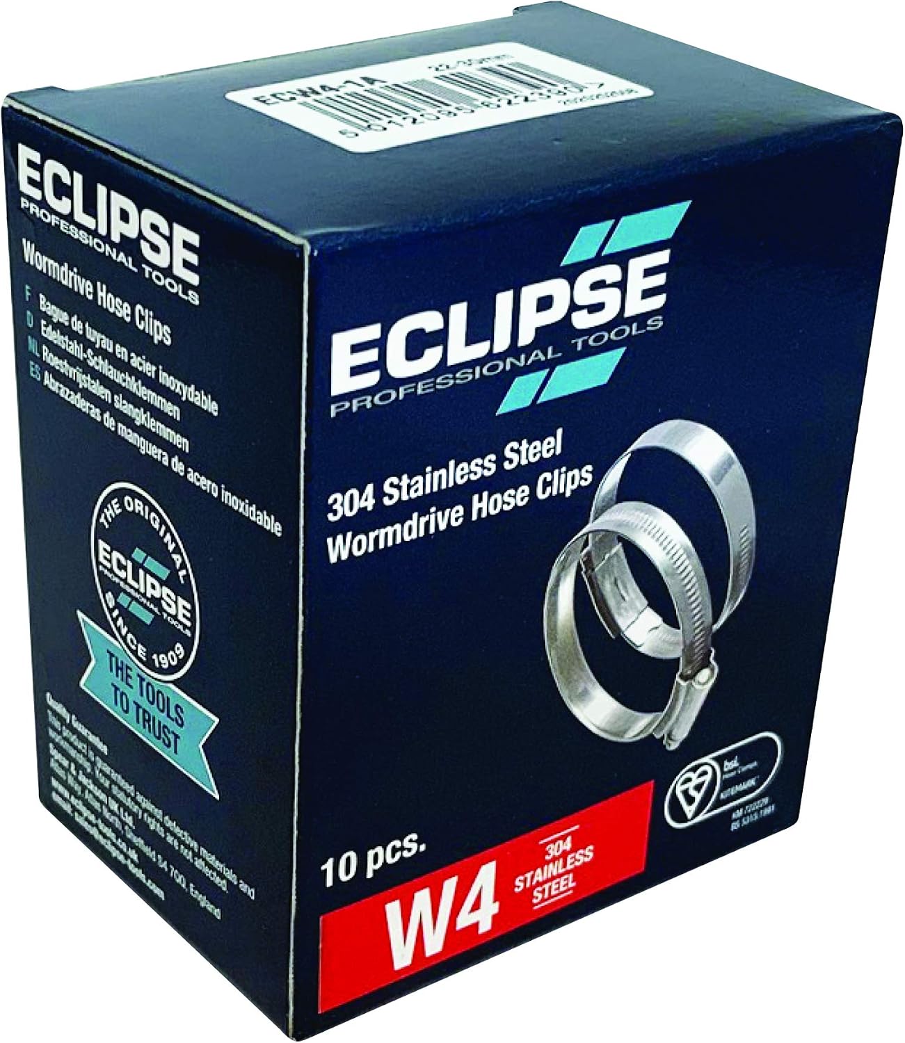 Eclipse Professional Tools ECW4-1 W4 Box of 10 25-35mm (1" - 1 ⅜") 304 Stainless Steel Worm Gear Hose Clamps