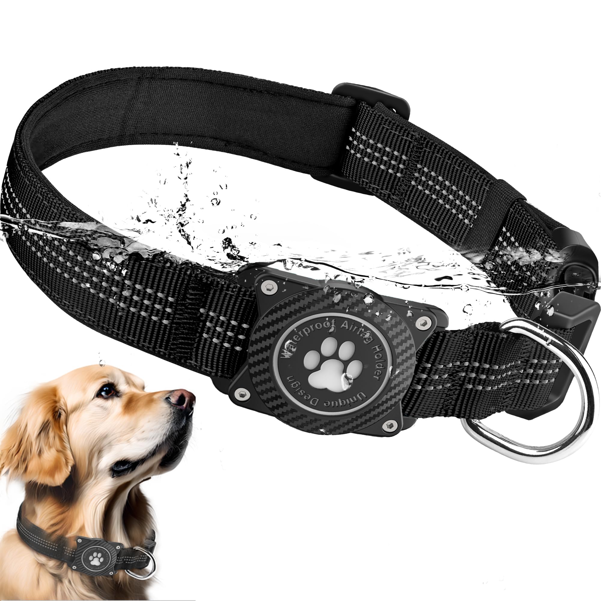Ytanest Reflective AirTag Dog Collar, Waterproof Air Tag Dog Collar Holder, Luminous,Comfortable and Durable Padded Heavy Duty Dog Collars for Small Medium Large Dogs, Black, XL
