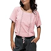 QIBABU Summer Tops for Women Casual Short Sleeve Round Neck Hollow Out Lace Blouses Shirts