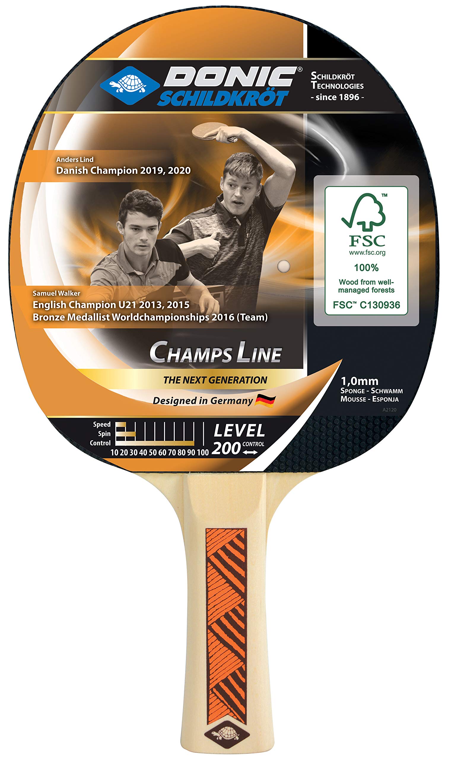Donic-Schildkroet Champs Line 200 Table Tennis Bat, Pimples Outside, Sponge 1.0 mm, 705122
