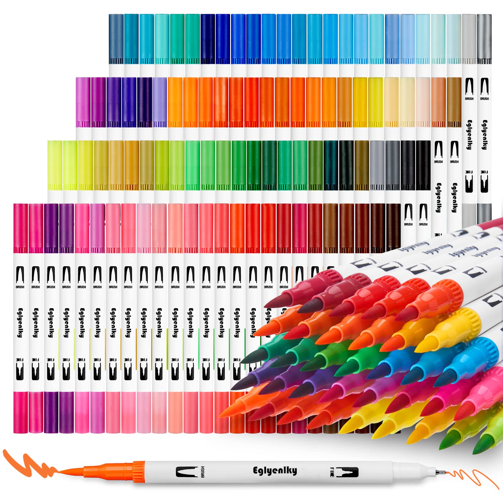Eglyenlky Markers for Coloring Book Adults Relaxation, Dual Tip Brush Pens with 100 Watercolor Fine Tip Markers and Brush Pens for Kids Coloring