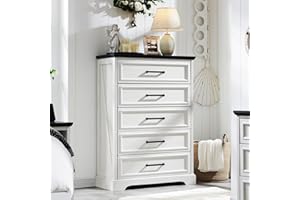 ACCOHOHO Farmhouse 5 Drawers Dresser Chests for Bedroom,46" Tall Wood Rustic Chest of Drawers with Wide Metal Handle,Natural Texture,Drawer Organizer for Bedroom,Living Room,Hallway and Entryway,White