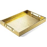 ATZYmolin 17" x 12" Wood Serving Tray with Gold Polished Metal Handles, Home Decorative Wooden Rectangle Ottoman Leather Decor Platter Bathroom Vanity Tray for All Occasions Alligator Gold