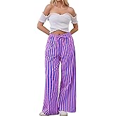 AIHUKOCY Women Drawstring Stripe Wide Leg Casual Trousers Striped Low Rise Casual Loose Lounge Pants with Pockets