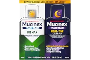Maximum Strength Mucinex FastMax DM Max & Mucinex Nightshift Cold & Flu Liquid (2 x 6 fl. oz.) Thins & Loosens Mucus, Relieves Cough & Chest Congestion, Pain, Fever, Sneezing, Sore Throat, Runny Nose