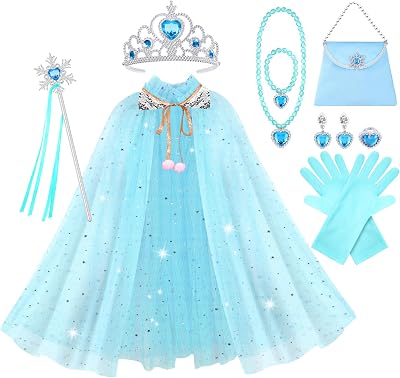 Vicloon 11Pcs Princess Cape Set Blue with Crown Wand Jewelry Bag 3+ yrs