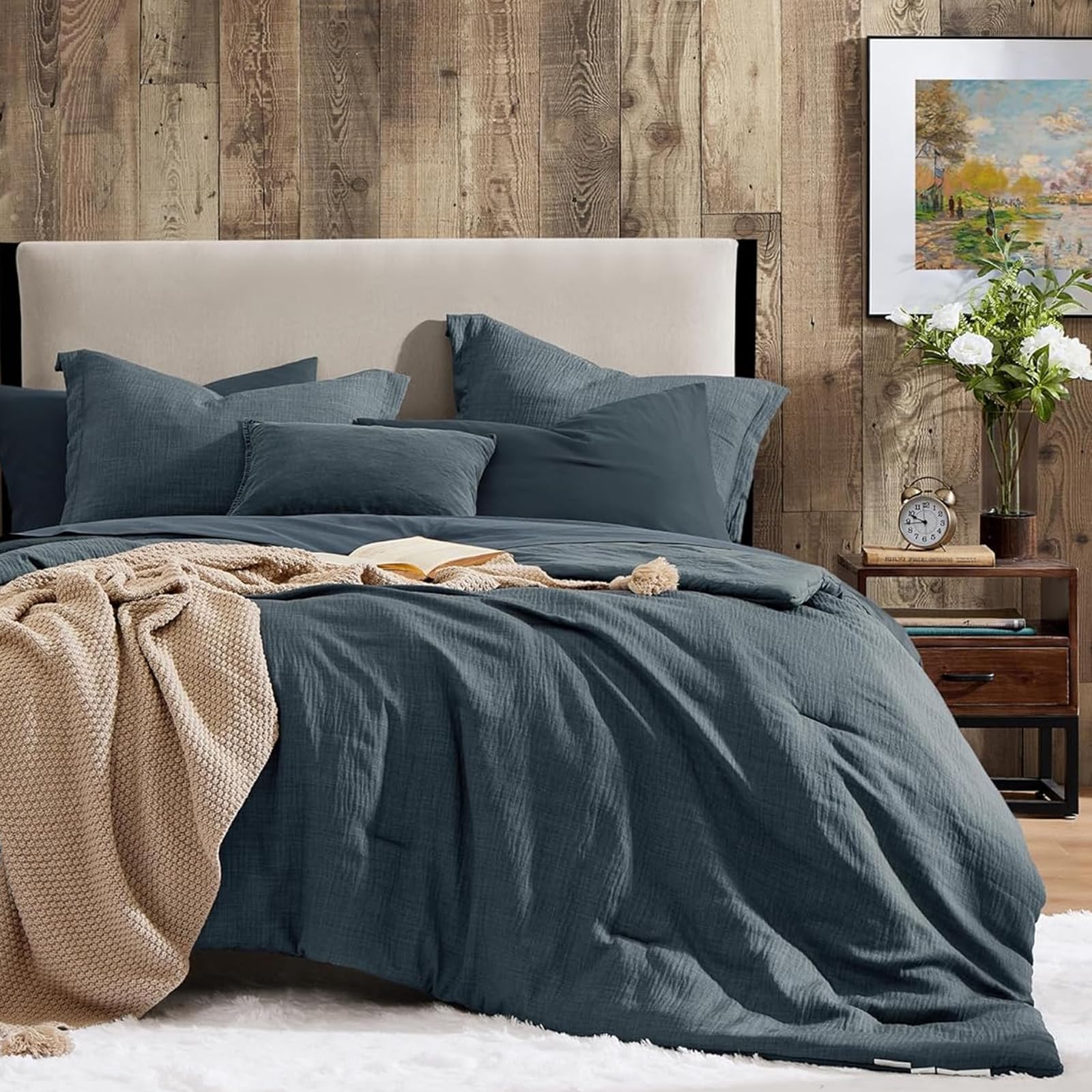 Photo 1 of Geniospin King Size Comforter Set- 7 Piece Navy Blue Textured King Bedding Set, Soft Solid Bed in a Bag for All Season, King Comforter Set with Sheets(Navy Blue,102''x90'')